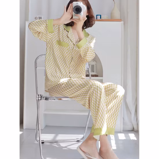High Quality Silk Fabric Long Sleeve Pajama Set